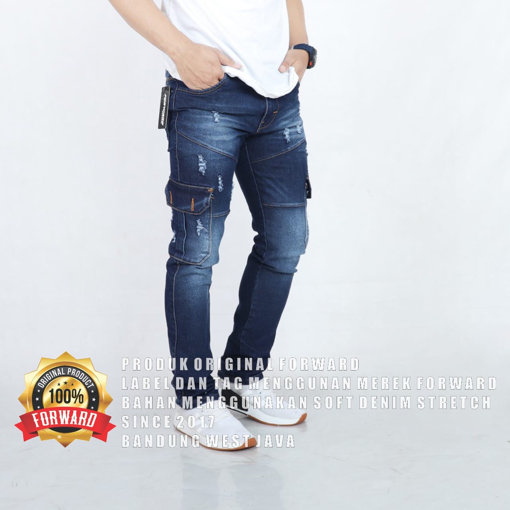 Celana Jeans Cargo Denim Destroy Panjang Pria Forward