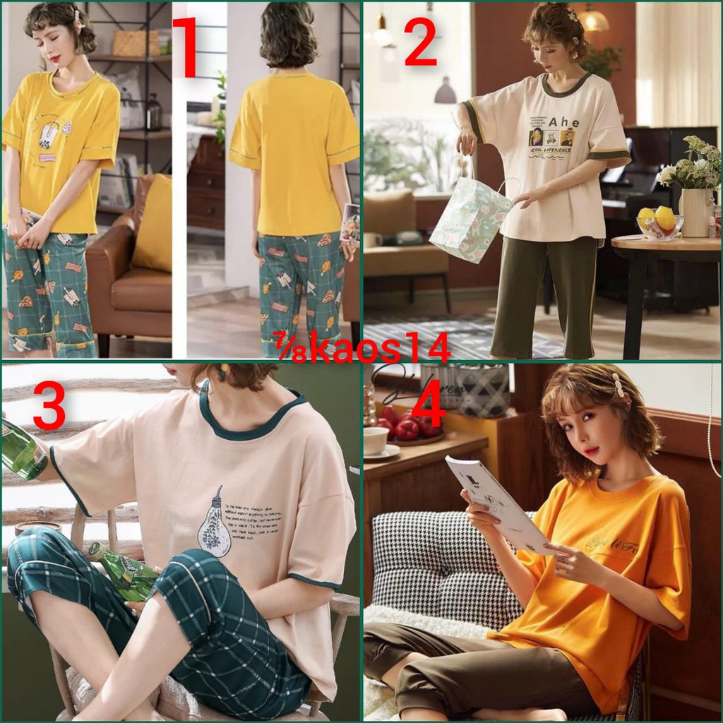 Baju tidur piyama lengan pendek celana tujuh perdelapan bahan kaos import