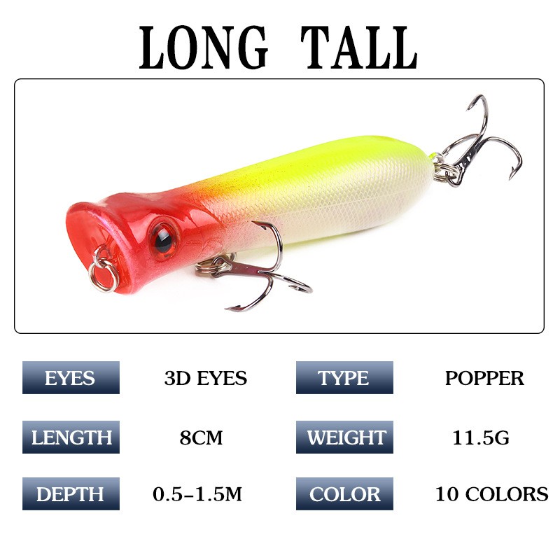 SYFishing 1Pcs Popper Fishing Lure 8cm 12g Swimbait Umpan Pancing Minnow Ikan Bass Wobbler Kail Memancing Tackle