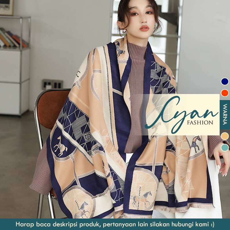 Syal &quot;Cherish&quot; 65 x 185 Anggun motif Kuda yang mewah Bahan High Grade Cashmere Immitation