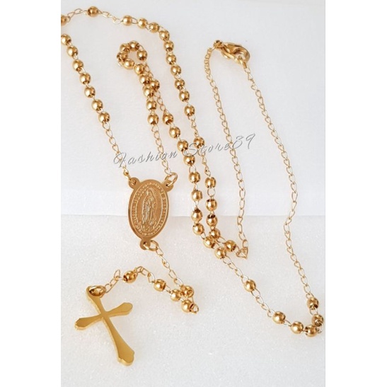 Kalung Rosario Bunda Maria Titanium gold butiran 3mm 50cm Antikarat kalung rosario bunda maria