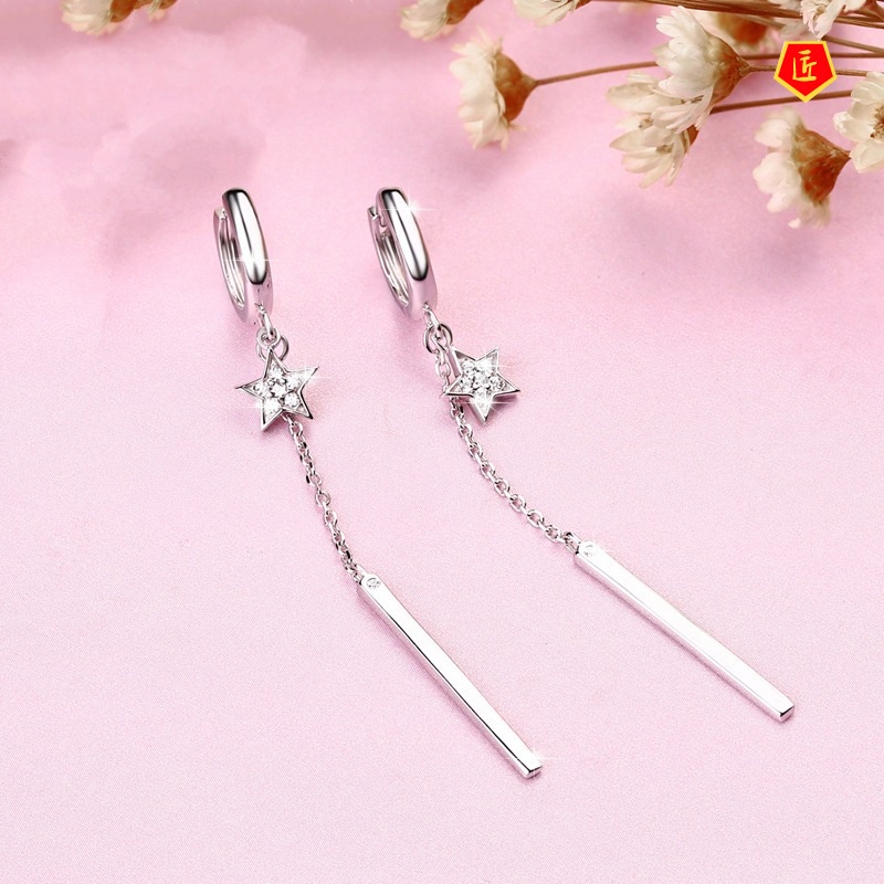 [Ready Stock]Female Silver Pentagram Earrings Tassel Elegance Fashion