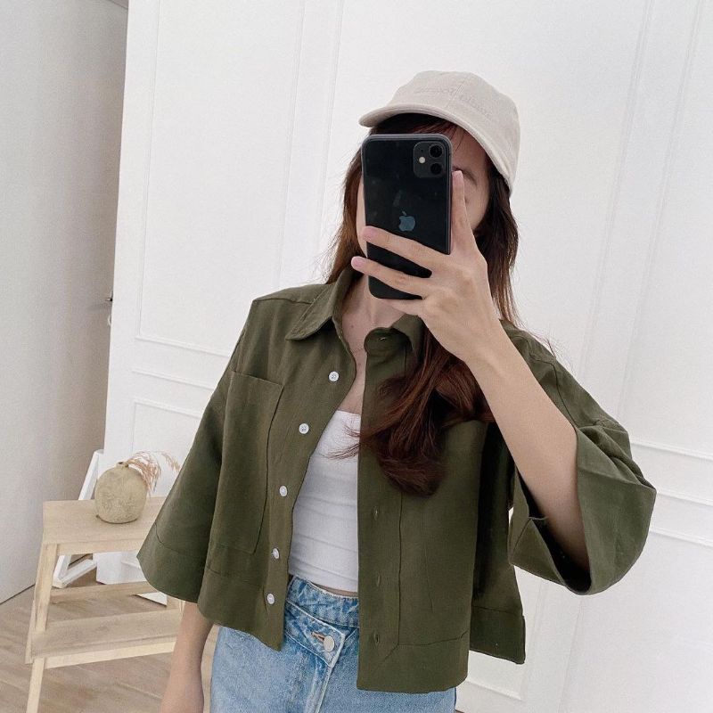 KEMEJA CROP POLOS OVERSIZE / KEMEJA CROP LINEN POCKET / KEMEJA SHIRT OUTER LINEN