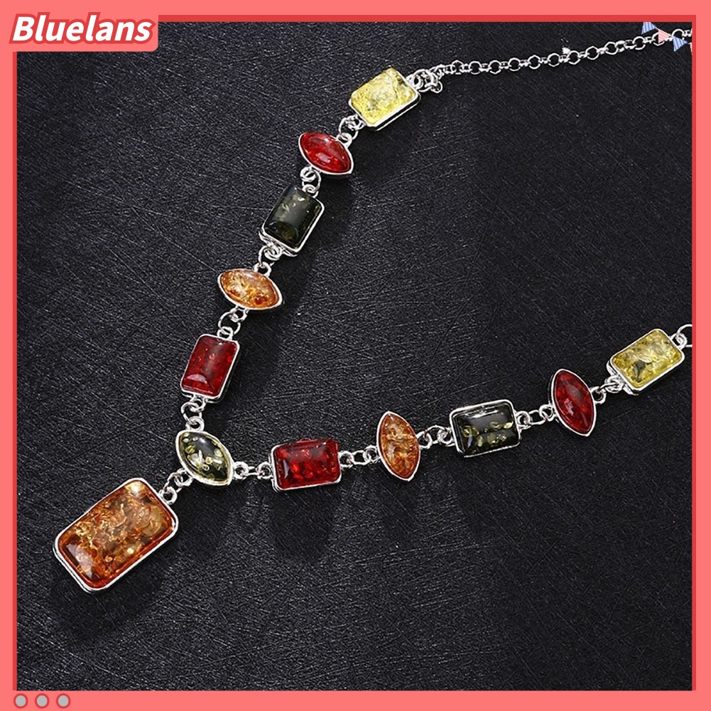 Bluelans Square Oval Amber African Style Women Necklace Hook Earrings Party Jewelry Set