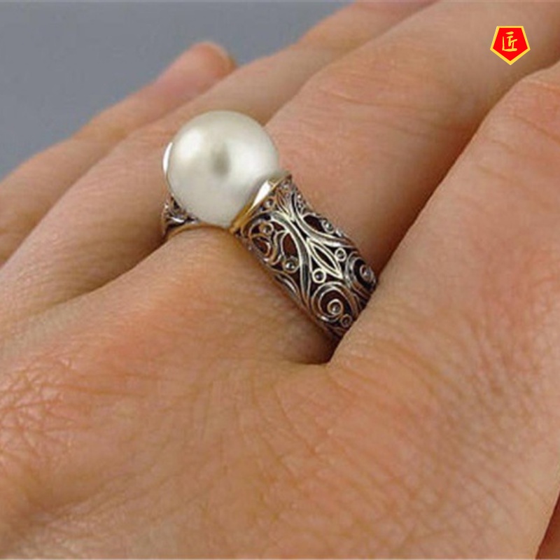 [Ready Stock]Inlaid Natural Freshwater Pearl Ring 14K Gold Retro Silver Accessories