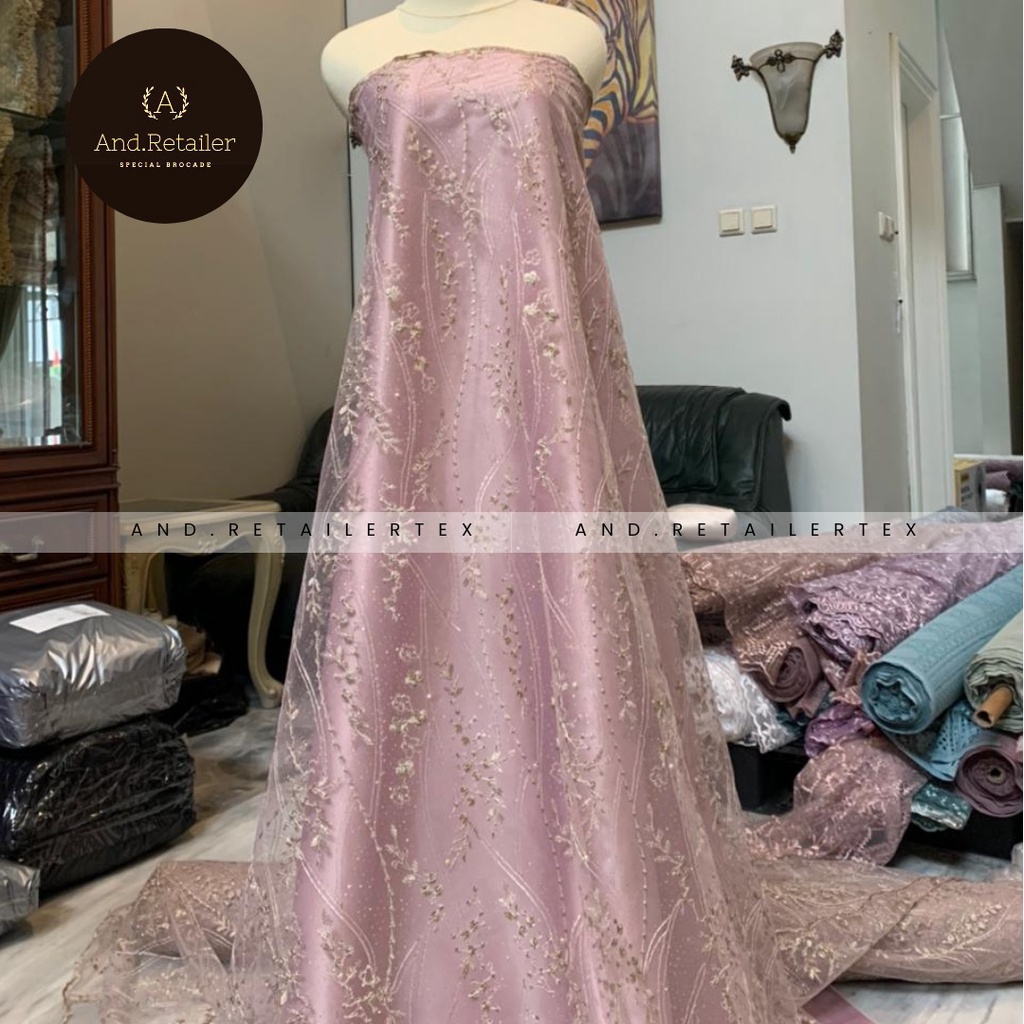 Kain Bahan Kebaya Brokat Tile Akar Mutiara Glitter Mahogany Series Warna Nude Latte