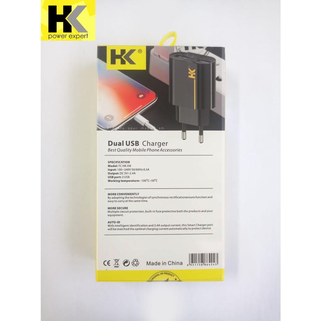 Charger Cas HK TC-D8 AUTO-ID Batok Fast Charging Qualcomm QC 3.0A MICRO 2USB