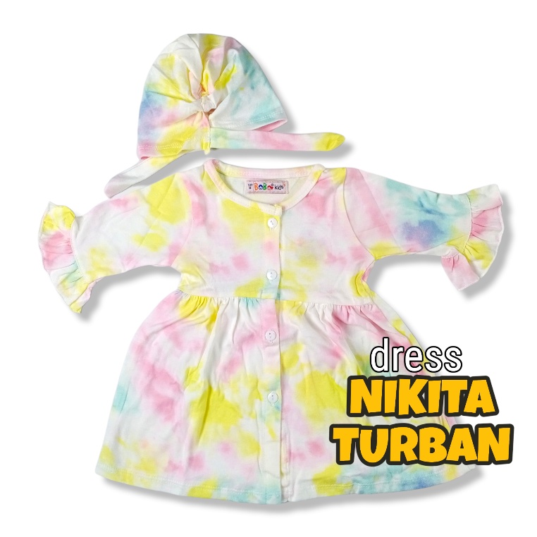 NIKITA 0 - 2 THN DRESS ANAK BAYI PEREMPUAN FREE TURBAN Baju Anak Bayi Perempuan Cewek Dres Baby Girl Nicta Bobo Kids-M DyePinkYellowWhite