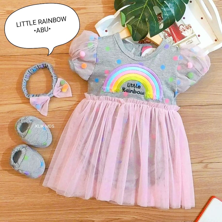 Jumper Bayi Perempuan Set Anak Cewek Free Sepatu, Headband, Rok Tutu Nempel, Motif Little Rainbow