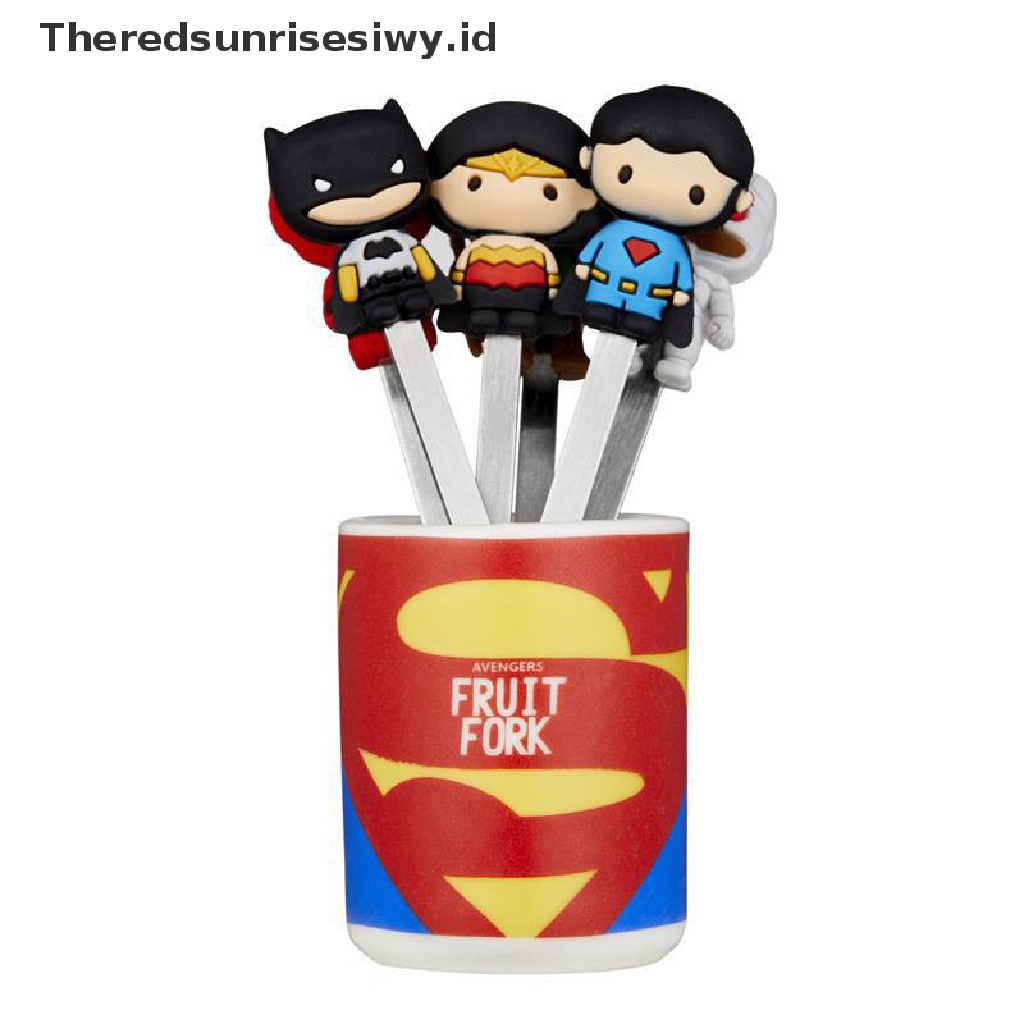 # Alat Rumah Tangga # 6pcs / Set Garpu Buah Desain Kartun Hero Bahan Stainless Steel Dengan Holder
