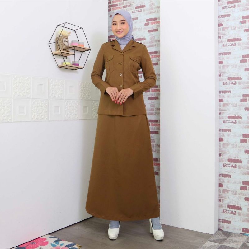 BAJU PEMDA SERAGAM DINAS PEMDA BAJU PNS DAN ASN FREE HIJAB  WARNA KHAKY COKLAT KANTONG ATAS ROK A