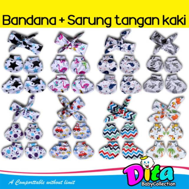 Sarung Tangan Kaki Bandana Bayi Motif Dita Ecer &amp; Grosir 1 Pasang Murah