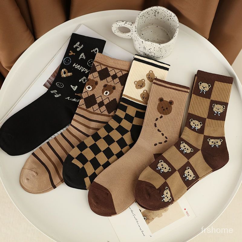 Kaus kaki wanita all-match beruang multi-bunga jenis kopi kaus kaki wanita tabung panjang katun tabu