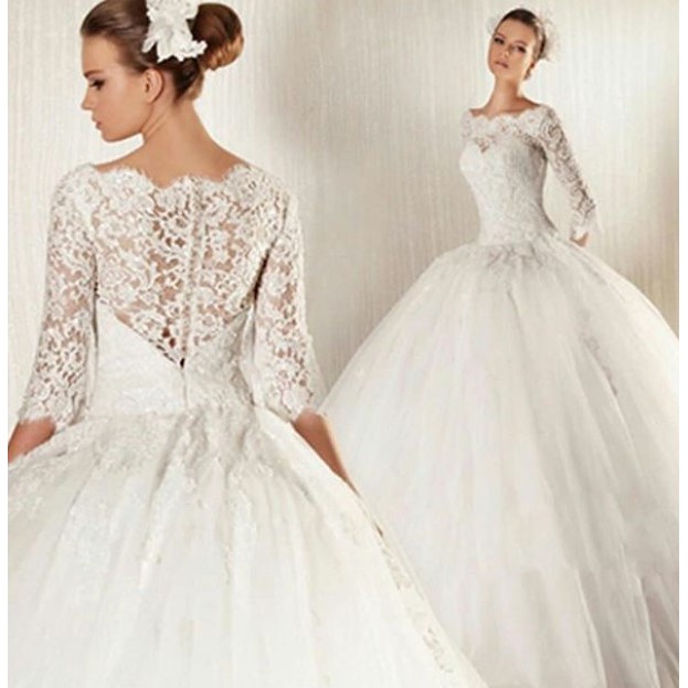 gaun pengantin  bordir renda off shoulder slim fit ball gown / gaun pengantin putih ball gown