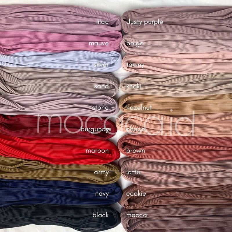 kerudung pasmina jilbab pashmina plisket ceruty babydoll panjamg tanpa garis tengah khaki cream nude coklat hitam maroon kuning pink navy putih biru olive ungu purple