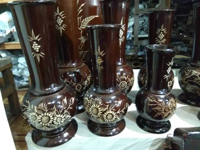 SATU SET VAS BUNGA KAYU JATI CUKIT CEMBUNG MOTIF BUNGA ISI 3 PCS - DEKORASI RUMAH MURAH