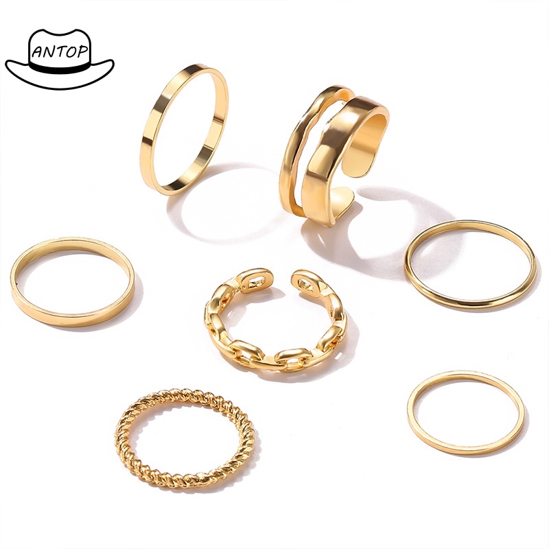 7pcs / Set Cincin Rantai Emas Model Terbuka Gaya Retro Korea Untuk Aksesoris Perhiasan ANTOP