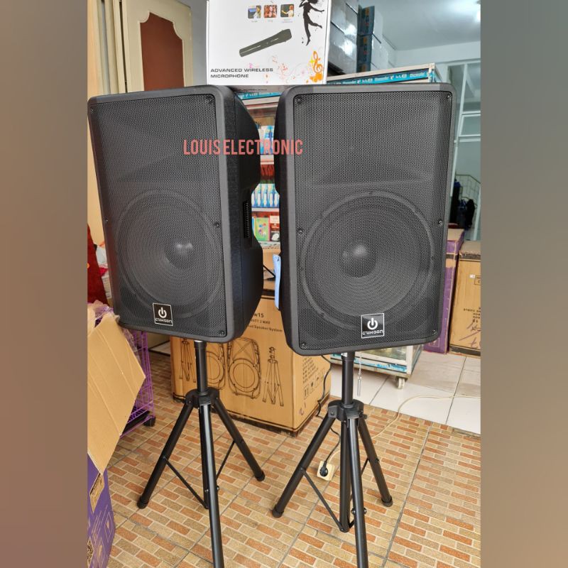 CRIMSON STAGE 15 Speaker Aktif + Pasif 15&quot; komplit Stand Speaker &amp; 2 Mic Wireless + 1 Mic Kabel