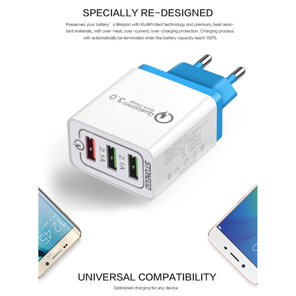 Charger USB STONEGO 3 port Quick Charge 18W Output