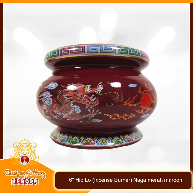 Tempat dupa Keramik 6&quot; Hio Lo (Incense Burner) Naga merah maroon