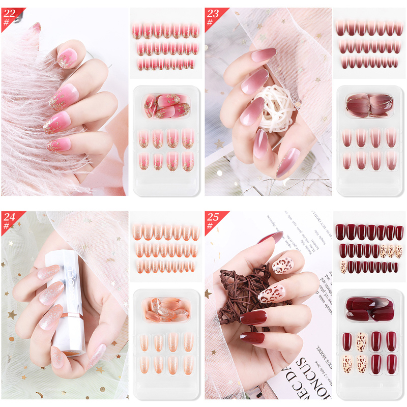 F018 ~ F032 24pcs / Kotak Kuku Palsu Full Cover Panjang Untuk Nail Art