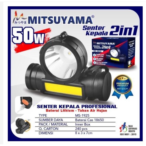 SENTER Mitsuyama MS-1925 senter Kepala LEDCOB Sepeda 2in1 Super Terang/ headlamp waterproff 5watt  setara 50WATT Rechargeable BERKUALITAS DAN MURAH