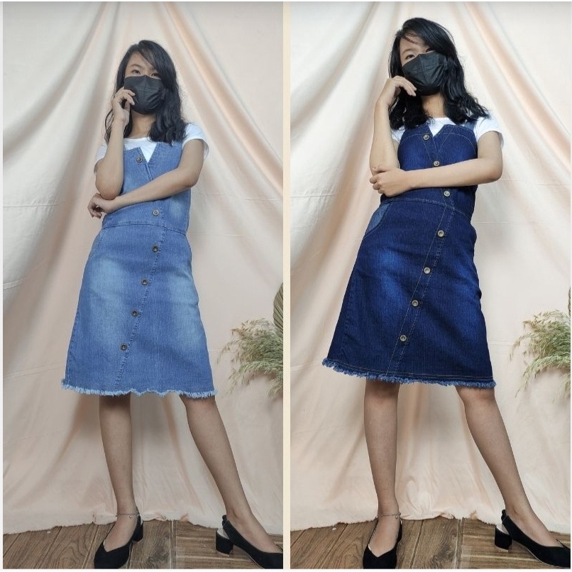 XS - Cerila Dress overall jeans pendek wanita jumbo mini dress jumpsuit ALL SIZE FIT TO L /Dress Jea
