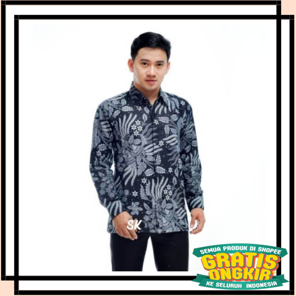 BATIK SEMARANG MURAH - TERBARU TERKINI / KEMEJA BATIK PRIA LENGAN PANJANG MANGGAR ABU-ABU