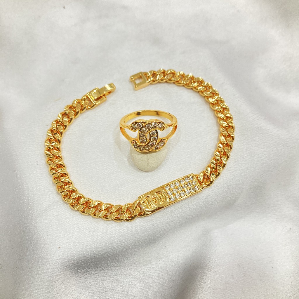 Set Perhiasan Kalung Anting Gelang Cincin Full Permata Branded Lapis Emas Dewasa