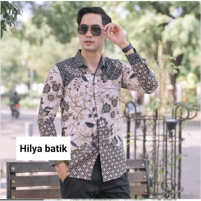 SINUKARTA KEMBANG pakaian Hem kemeja batik pria lengan panjang modern kualitas premium bahan katun printing sanfores slimfit / atasan pria motif batik warna hitam putih