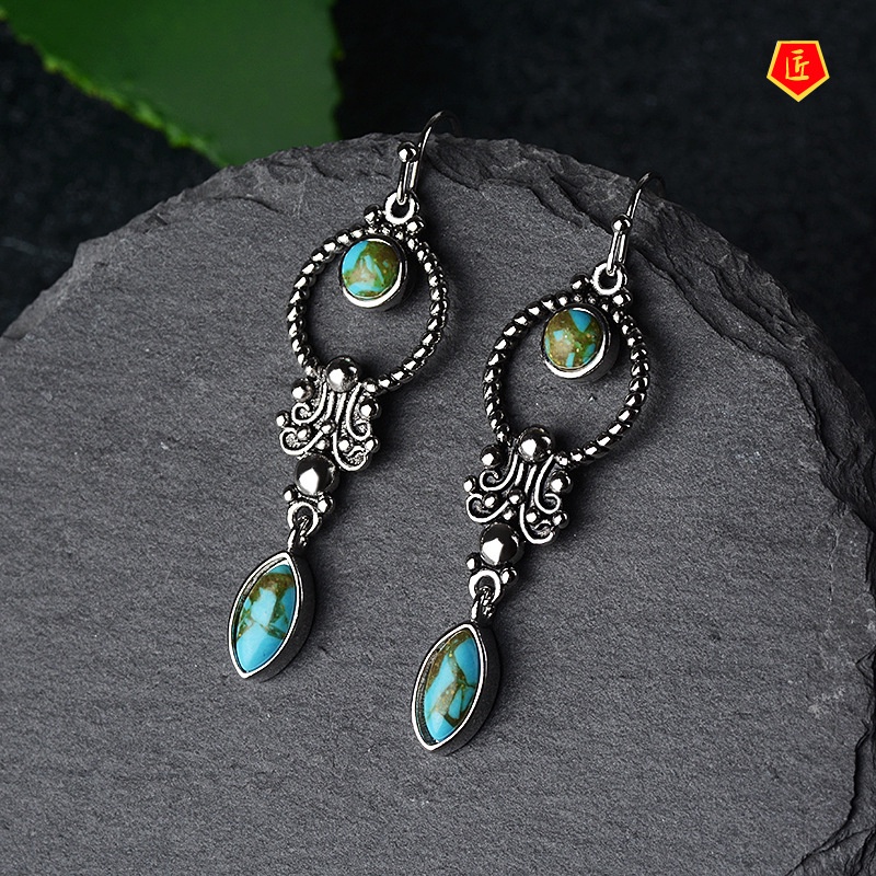 [Ready Stock]Creative Retro Silver Inlaid Turquoise Earrings