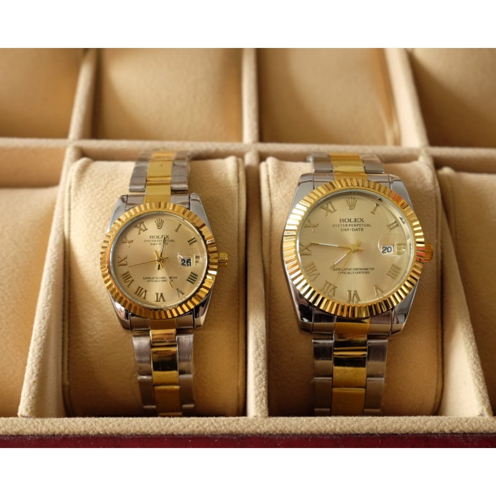 [COD] Jam Tangan Couple / Pasangan Rolex R3125MP Tanggal Aktif Tali RAntai Free Box Original & Bater