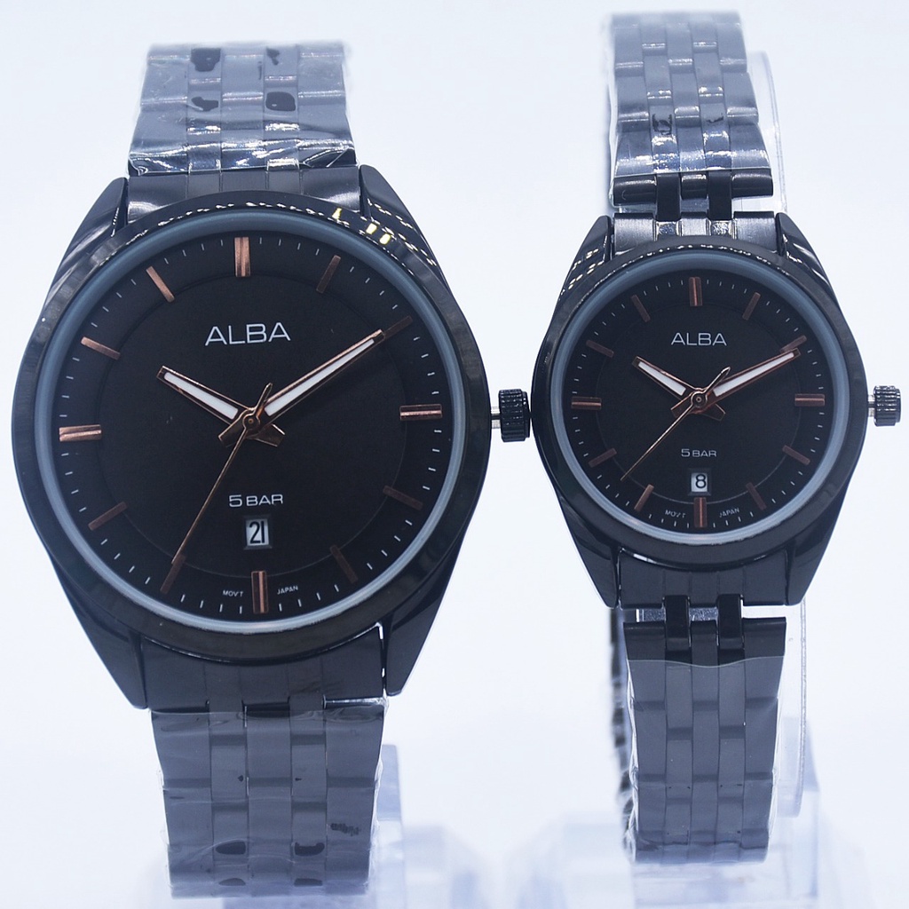 Jam Tangan Couple Fashion Alba L8852G Tali Rantai Tanggal Aktif Free Box &amp; Baterai