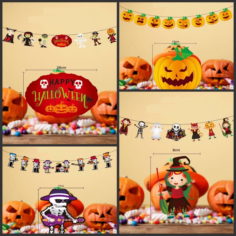 Banner Bunting Flag Desain Boneka Labu Vampire Happy Halloween Bahan Kertas Ukuran 3M Untuk Pesta Natal