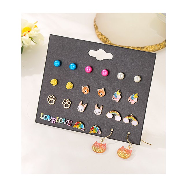 LRC Anting Set Fashion Color Pearl Rainbow Puppy Flower Earring Set D60884