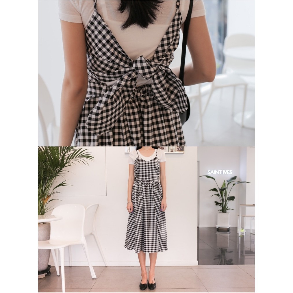 Dress Slip Midi Wanita Strap Spaghetti Aksen Pita Belakang Motif Kotak Gaya Korea - Hitam/Merah