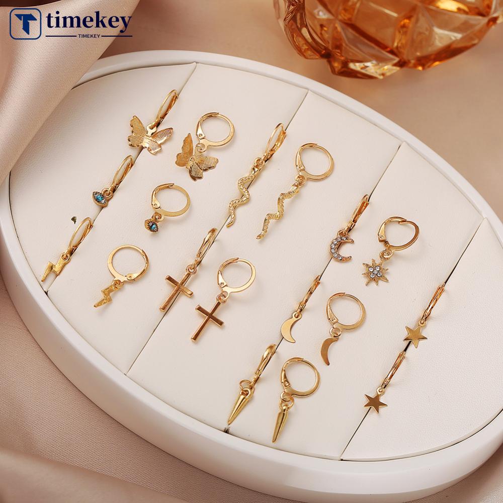Timekey 9 Pasang / Set Anting Tusuk Desain Mata Petir Hias Berlian Imitasi Untuk Wanita A8K6