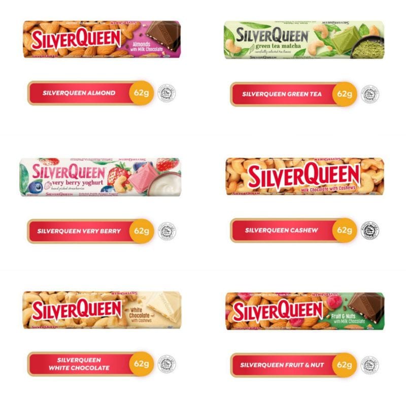 

SILVERQUEEN 55 GRAM, COKLAT GREEN TEA , ALMOND , MEDE, SILVER QUEEN
