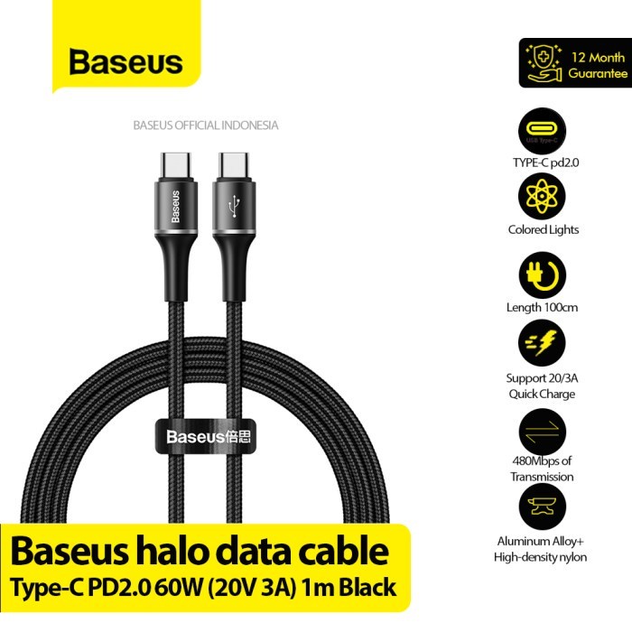 BASEUS KABEL DATA TYPE C TO TYPE C FAST CHARGING CABLE HALO 60W PD
