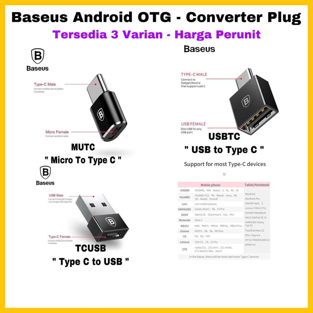 Baseus Android Otg Type C / Micro Usb Converter Plug