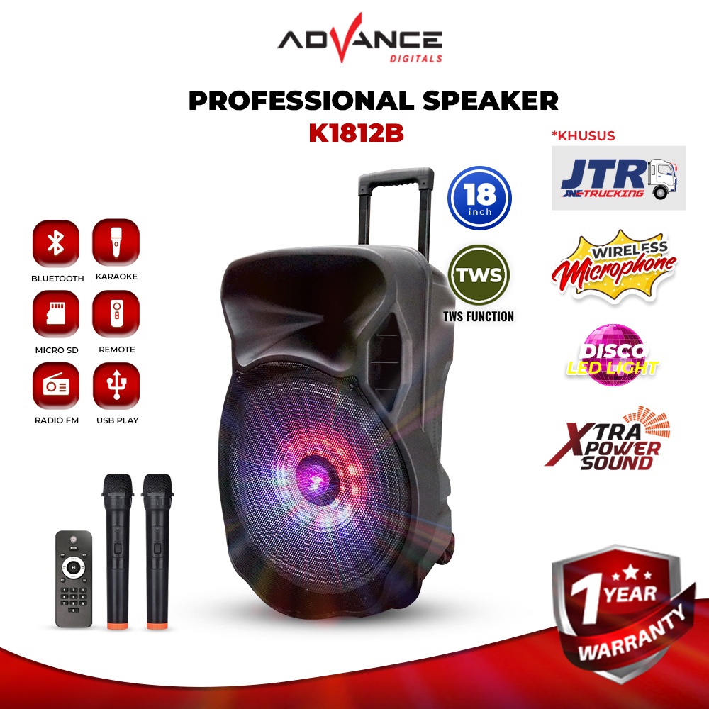 Speaker bluetooth portable advance k1812B 18 inch free 2bh mic werles
