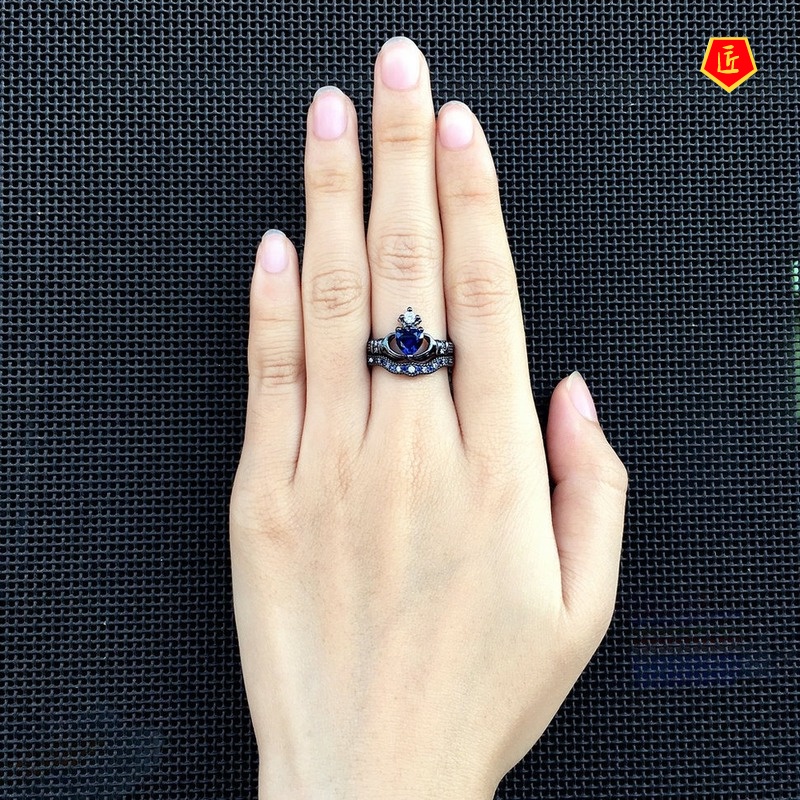 [Ready Stock]Double-Layer Ring Set Female Sapphire Heart-Shaped Crown Fashion Black Gold