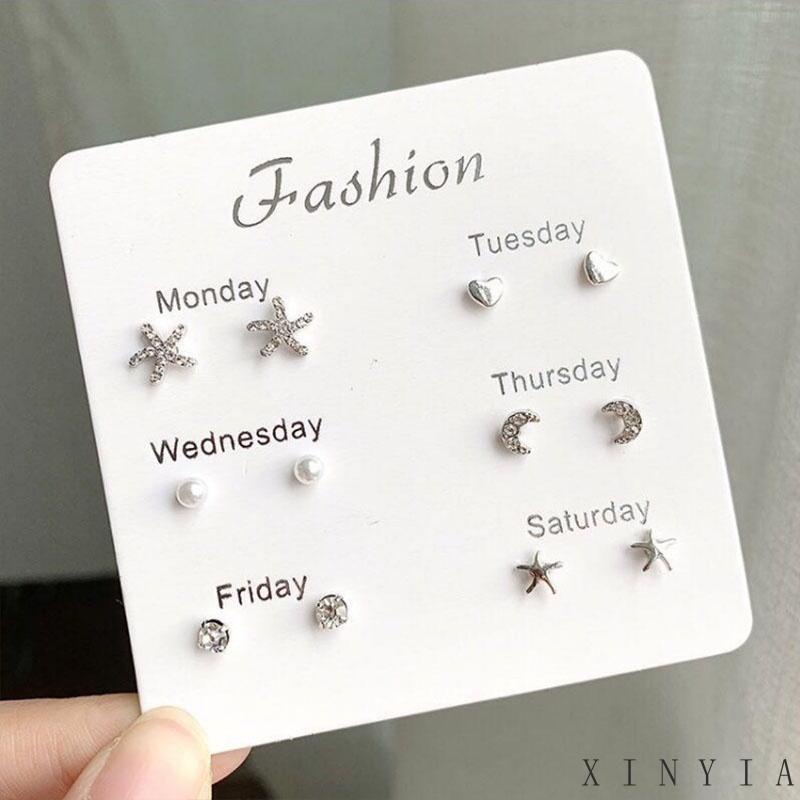 【COD】6Pcs / Set Anting Tusuk Simple Gaya Korea dengan Kristal + Mutiara untuk Wanita