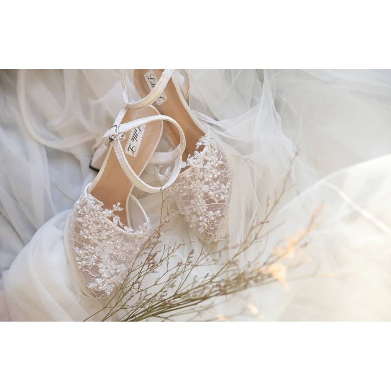 Sepatu wedding lace shoes slipper heels block
