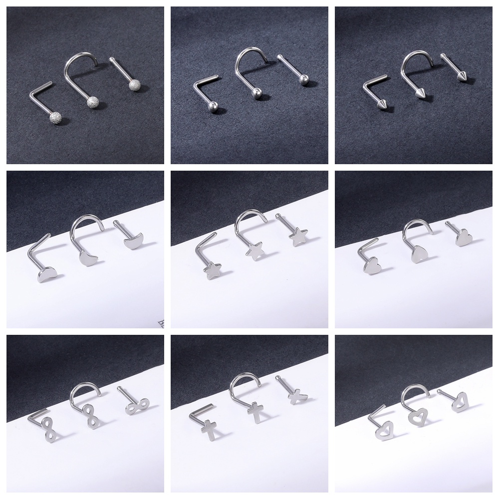 4pcs / Lot Anting Tindik Hidung Bentuk L Motif Hati / Bunga Bahan Stainless Steel 20g