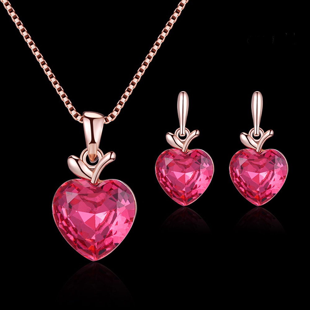 OW@ Heart Shape Rhinestone Pendant Necklace Ear Stud Earrings Women Jewelry Set