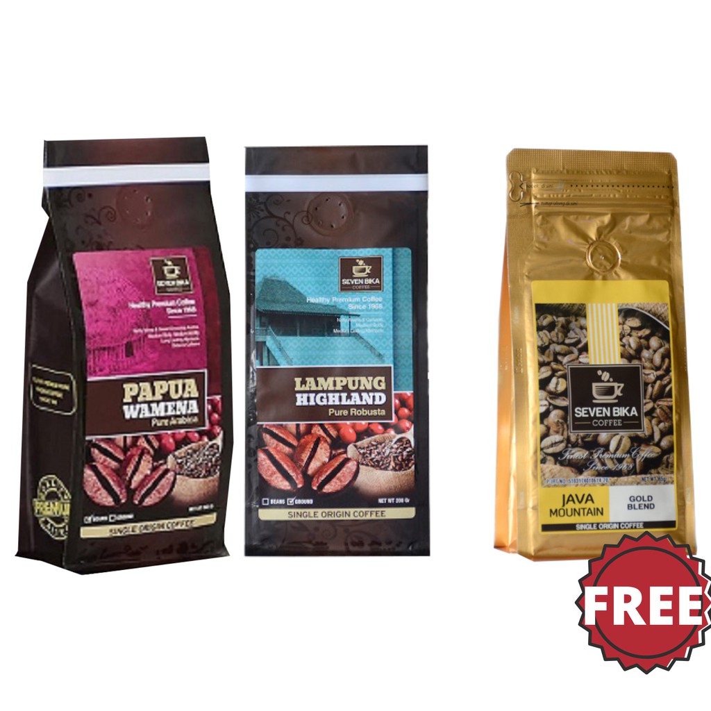 

Seven Bika Papua Arabica & Lampung Robusta 200 Gr FREE Gold Blend 165Gr [Bubuk/Biji]