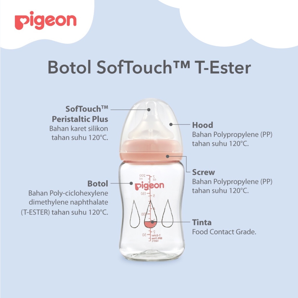 Pigeon SofTouch Peristaltic Plus PP Wide Neck Bottle T-Ester Peach 0m+ Bulan Botol Susu 200ml