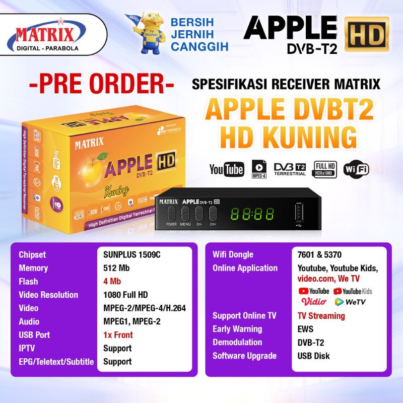 STB SET TOP BOX TV DIGITAL PENGGANTI UHF MATRIX APLE KUNING