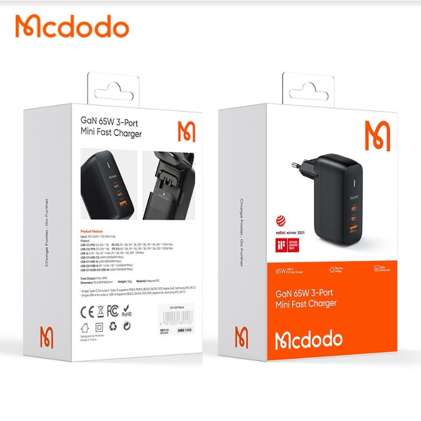 MCDODO CH-0291 Adaptor Charger GAN 3.0 FAST Charge 65W PD Type C USB